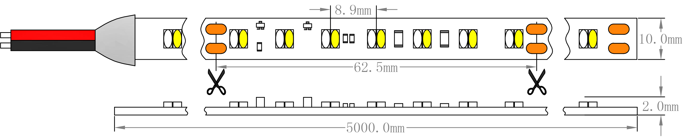 SMD2216 Dim naar Warm LED Strip licht Dimensie